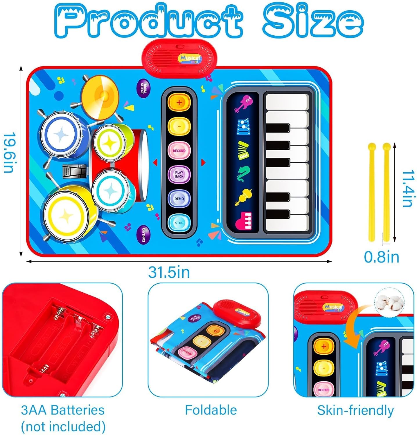 Baby Toys for 1 Year Old: Baby Musical Mat Toddler Toys Age 1-2 - 2 in 1 Piano Drum Babies Play Mat