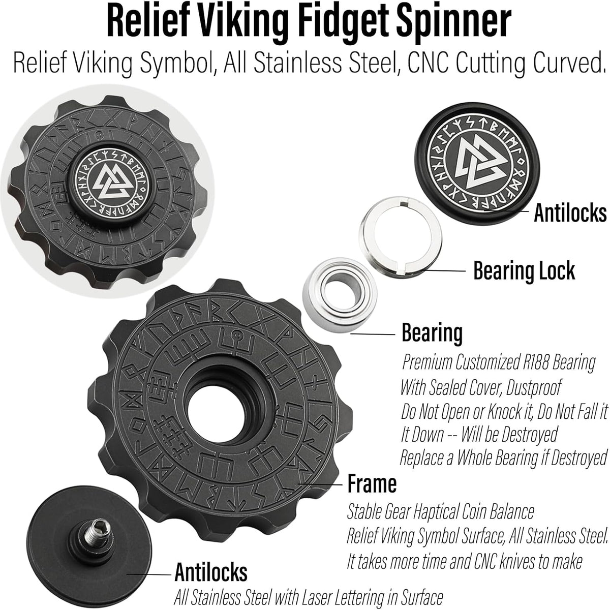 FREELOVE Metal Fidget Spinner, Viking Pirate Haptic Gyro, Heavy Stainless Steel Hand Spinning