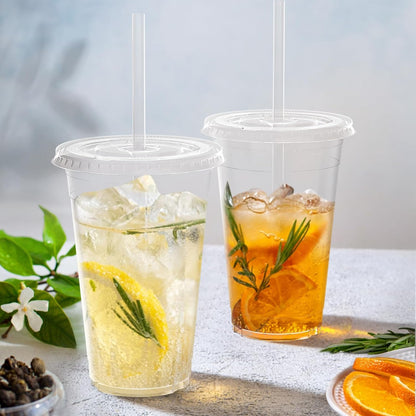 100 Pack - 20 oz Clear Plastic Cups with Lids and Straws, Sturdy & Food Safe Iced Coffee Cups with