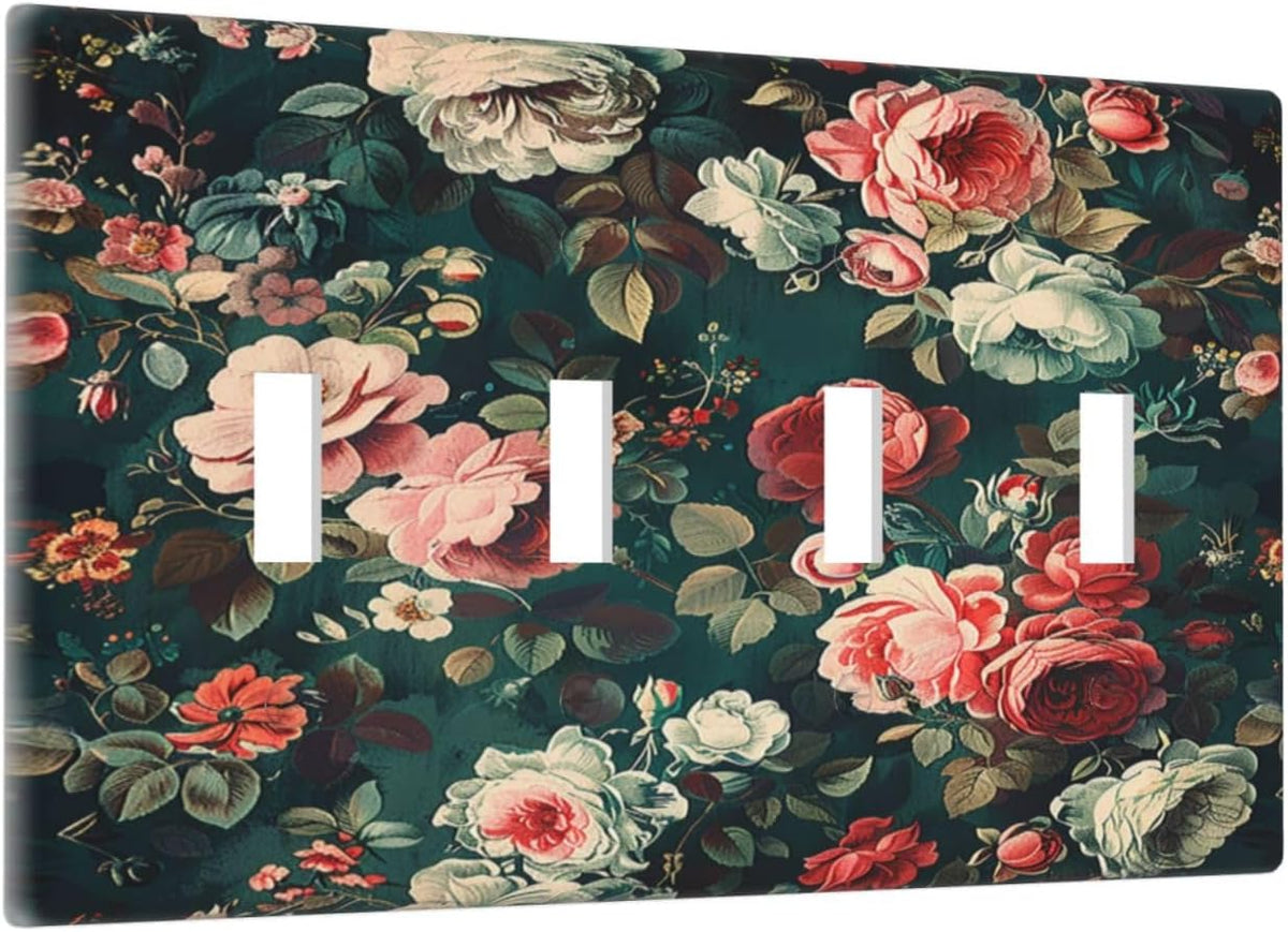 Light Switch Covers Baroque Vintage Peony Flower Floral Quad Toggle Electrical Faceplate 4 Gang