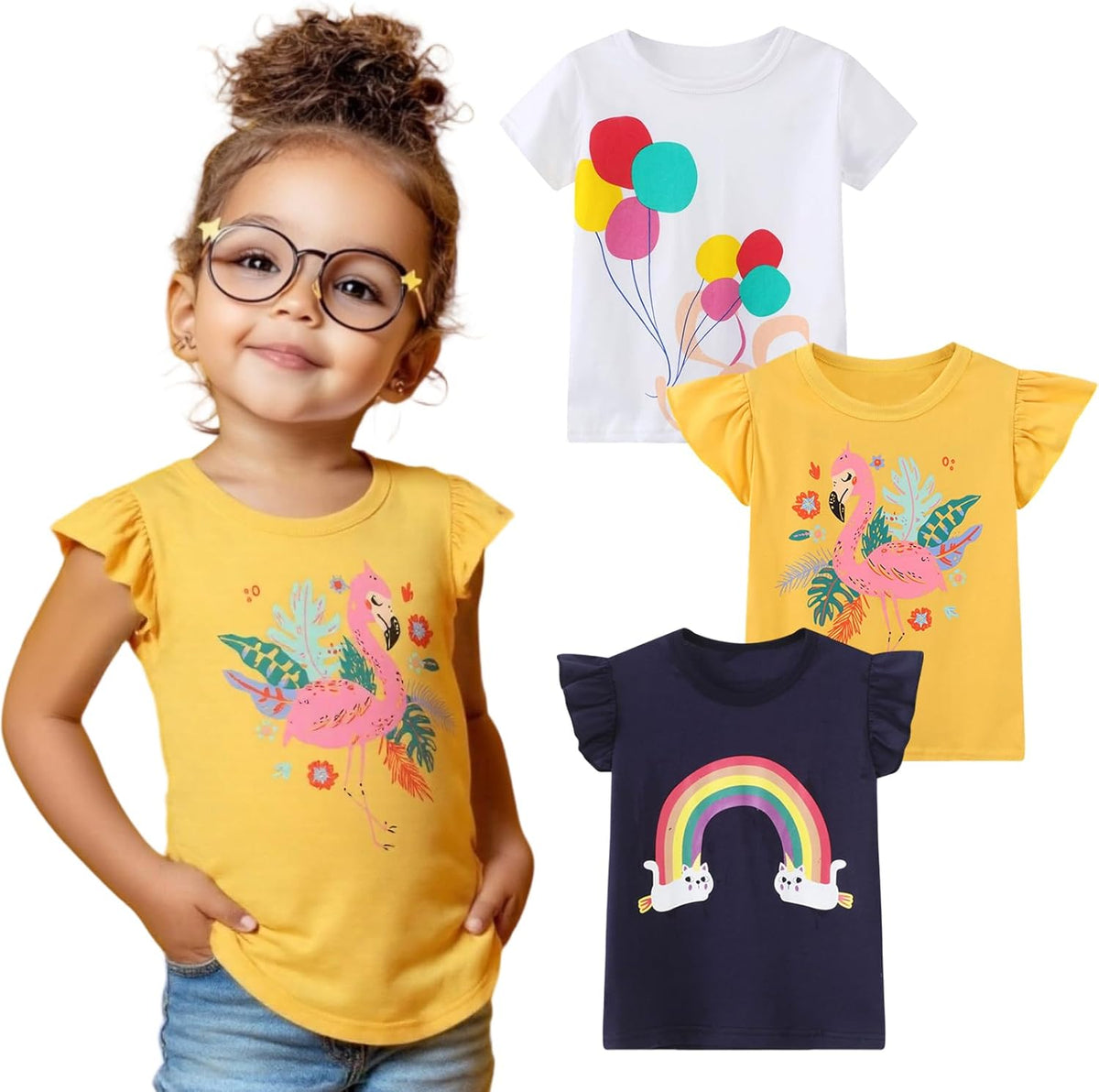 HILEELANG Girls' Tees Ruffle Short Sleeve T-Shirt Cotton Casual Graphic Summer Crewneck Tunic Tops