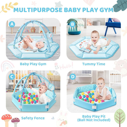 Baby Gym Play Mat, 8-in-1 Tummy Time Mat & Ball Pit with 6 Toys, Washable Baby Activity Mat for