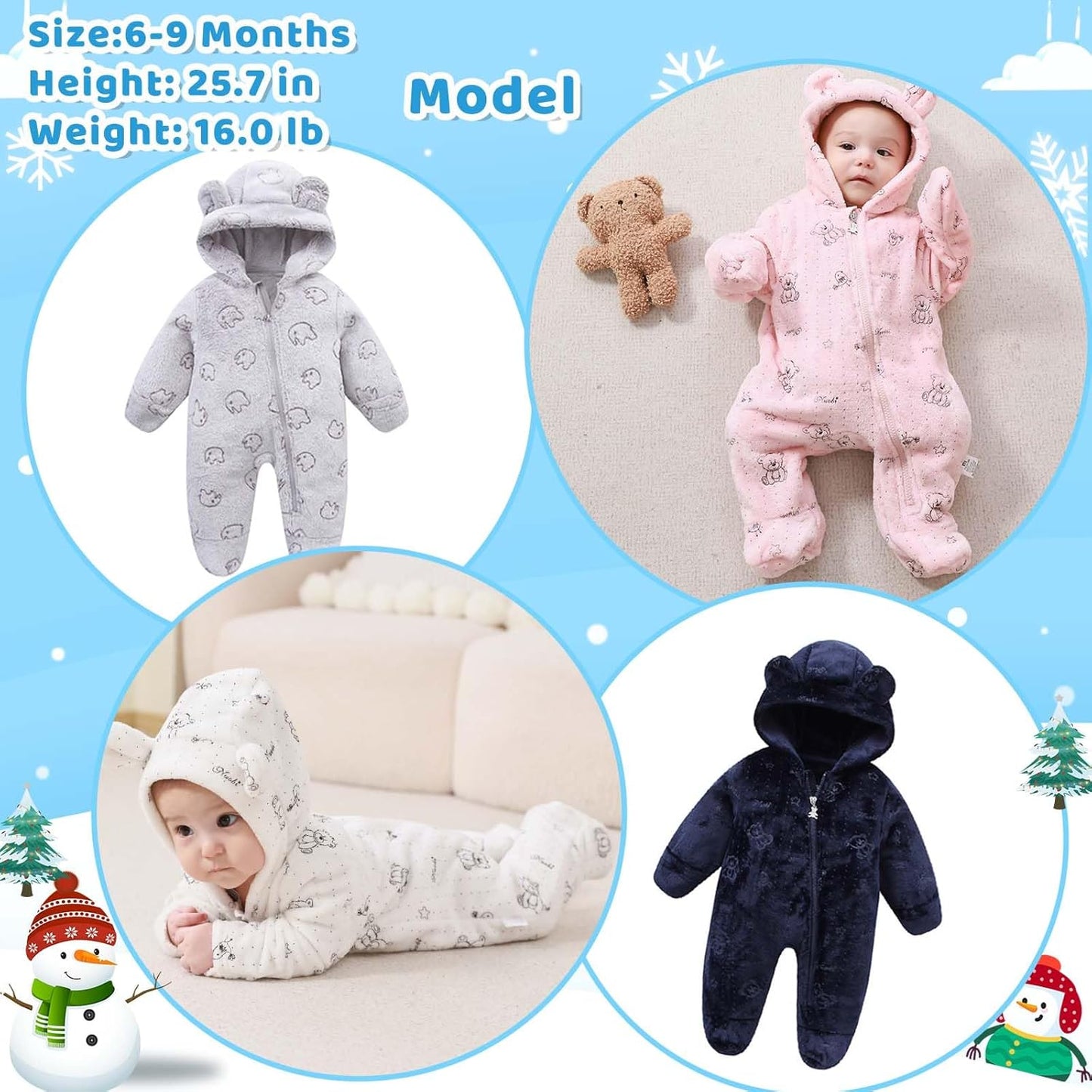 Fairy Baby Newborn Baby Bear Onesie Thin Fleece Footie Romper Snowsuit Hooded Jumpsuit Bodysuit
