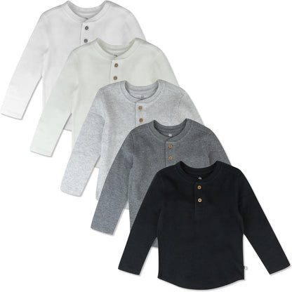 HonestBaby 5-pack Waffle Henley Long Sleeve Shirts 100% Organic Cotton for Infant Baby and Toddler
