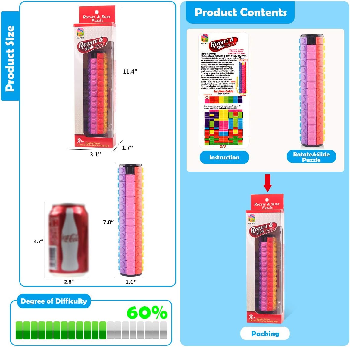 R.Y.TOYS Rotate and Slide Puzzle-Design Patent,Fidget Toys(Restore/Create)-8 Colors,15