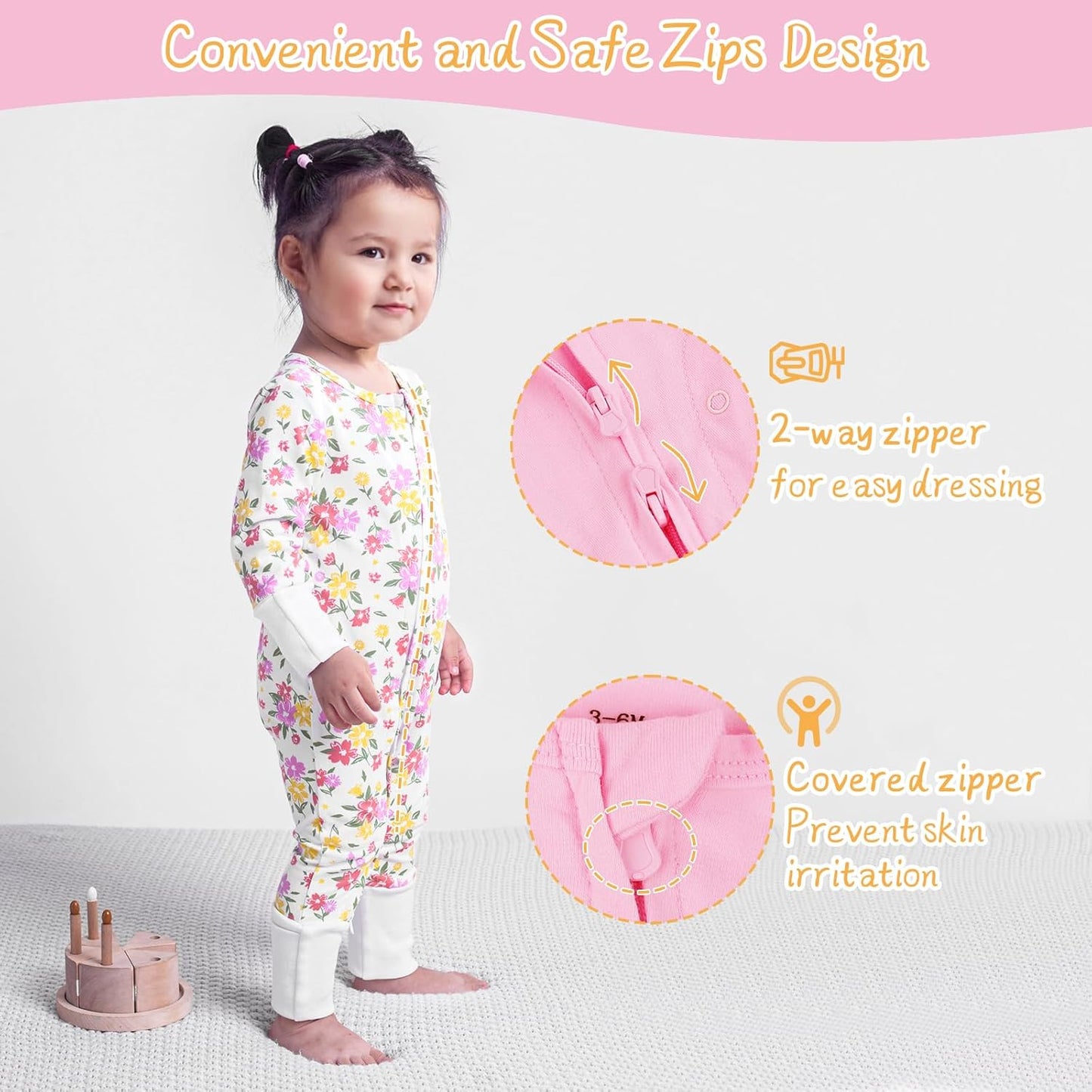 Satol Baby Girl Cotton Clothes, One-Piece Zip Front Footed, 2 Way Zipper Outfit Baby Clothes for