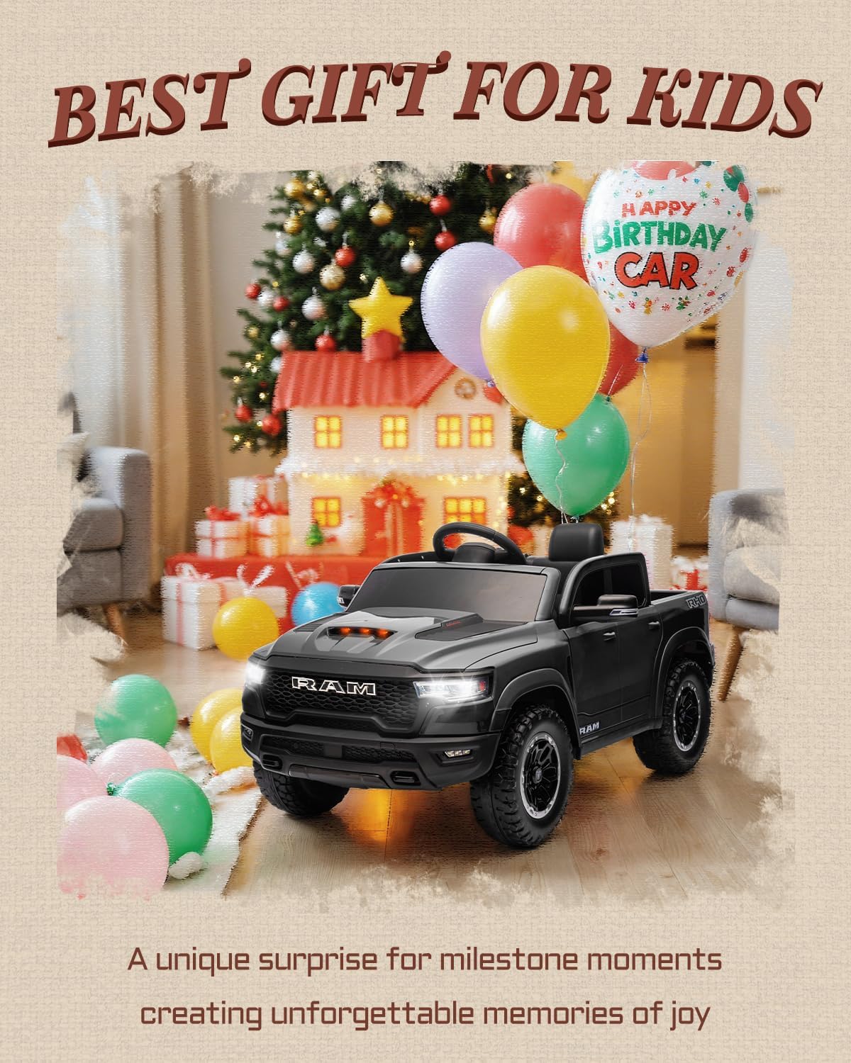 12V Licensed Ram 1500 Ride on Toy for Kids, Toddler Ride on Pickup Truck with Parent Remote