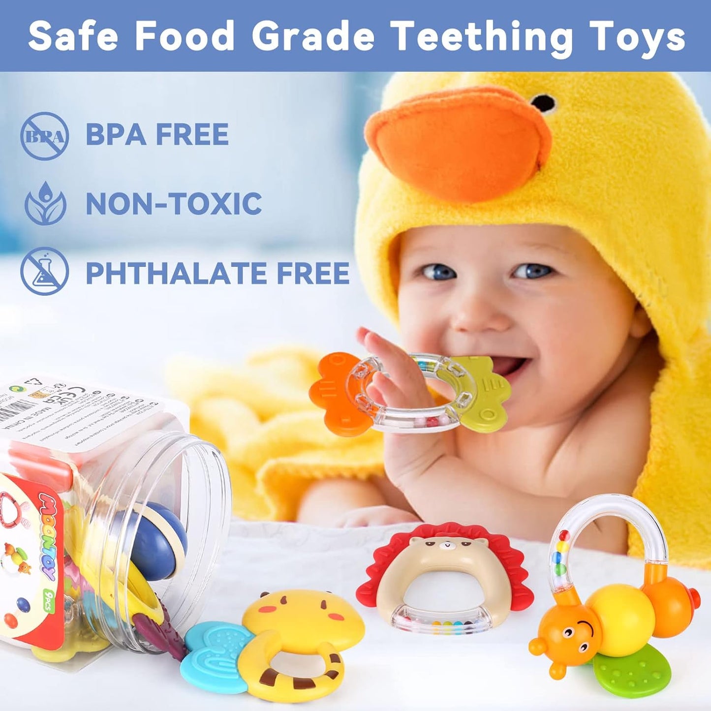 MOONTOY 9pcs Baby Rattles 3-6 Months, Infant Teething Toys 3-6 Months, Teethers Baby Toys 6-12