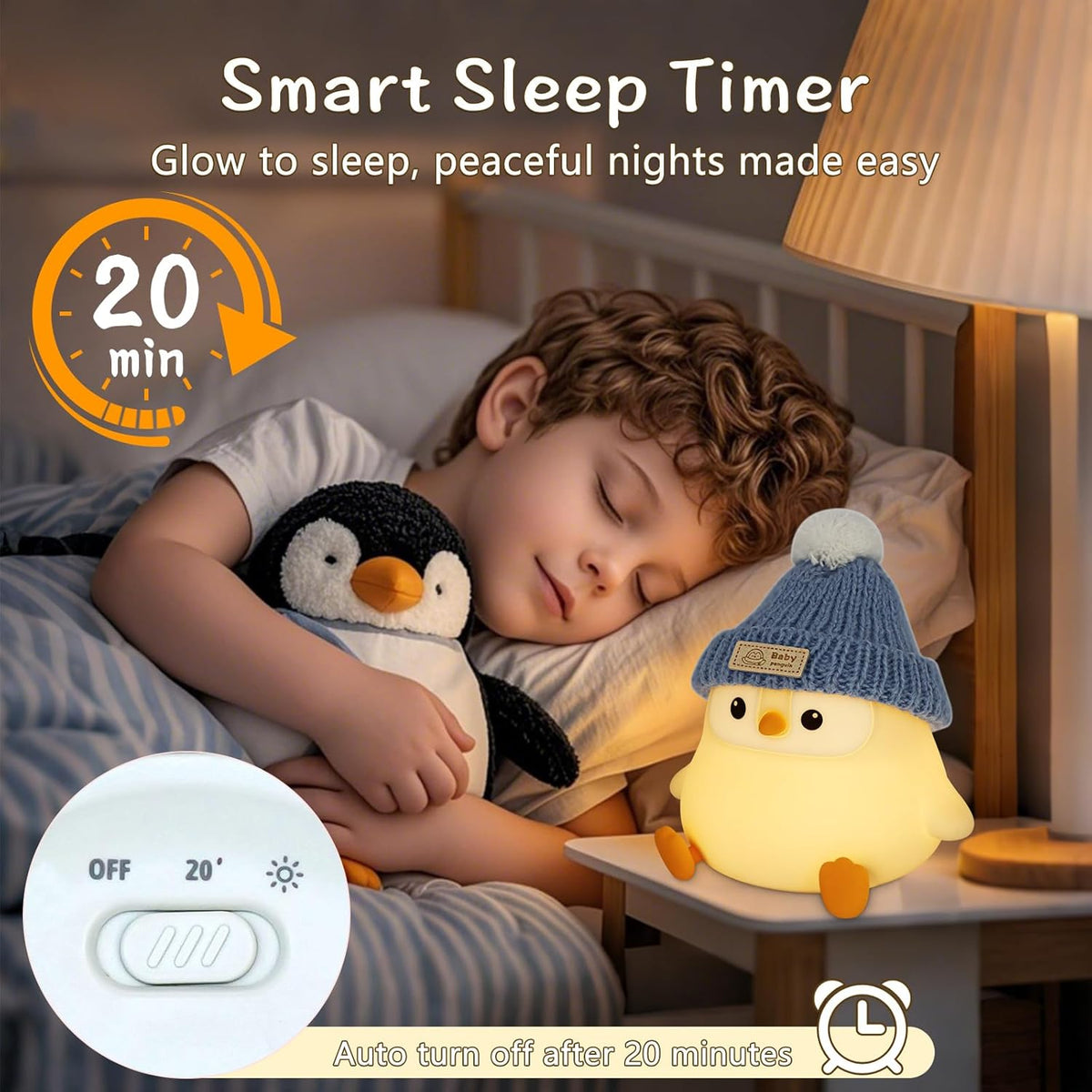 Penguin Lamp with Knit Hat,Kawaii Penguin Night Light,Food Grade Silicone,Dimmable Nursery