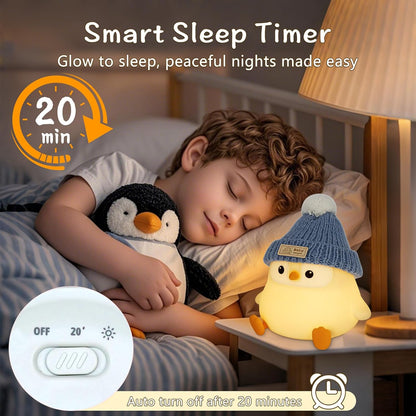Penguin Lamp with Knit Hat,Kawaii Penguin Night Light,Food Grade Silicone,Dimmable Nursery