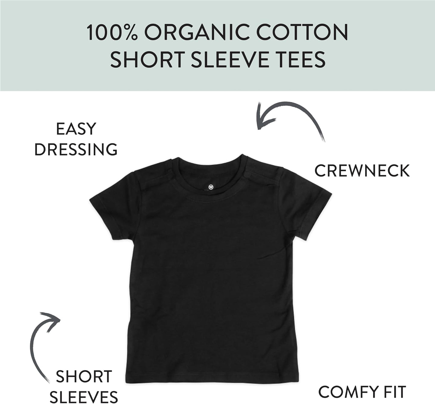 HonestBaby 5-Pack Short Sleeve T-Shirts 100% Organic Cotton Baby, Toddler, Little Kid, Boy, Girl
