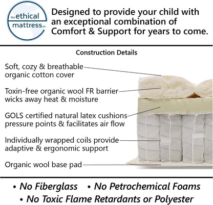 ETHICAL MATTRESS CO 6" Kid’s Mattress, Toxin-Free, Made in the USA with Organic Cotton, Wool, Latex