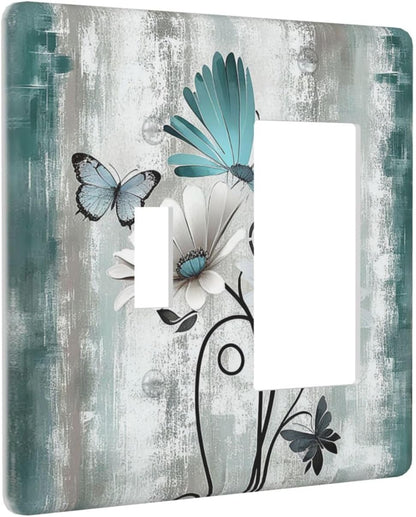 Outlet Covers Rustic Teal Daisy Floral Flowers Butterfly Wood Grain 1 Toggle 1 Rocker Combination