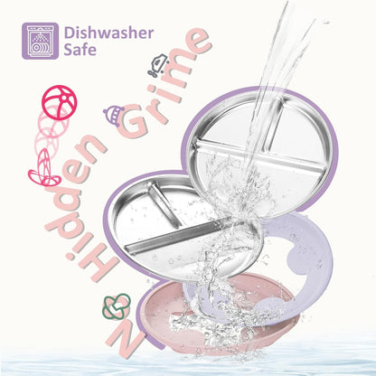 Stainless Steel Suction Plates for Toddlers, 9" Divided Kids Baby Plates with Removable Silicone