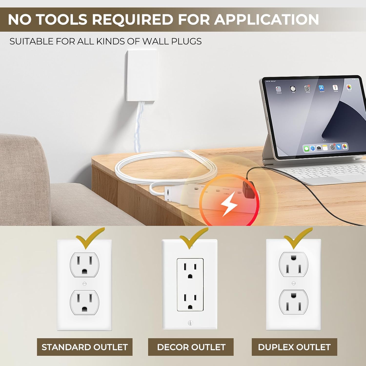 Outlet Concealer Power Strip | 5ft Flat Extension Cord | Ultra-Thin Outlet Cover Extension Cord