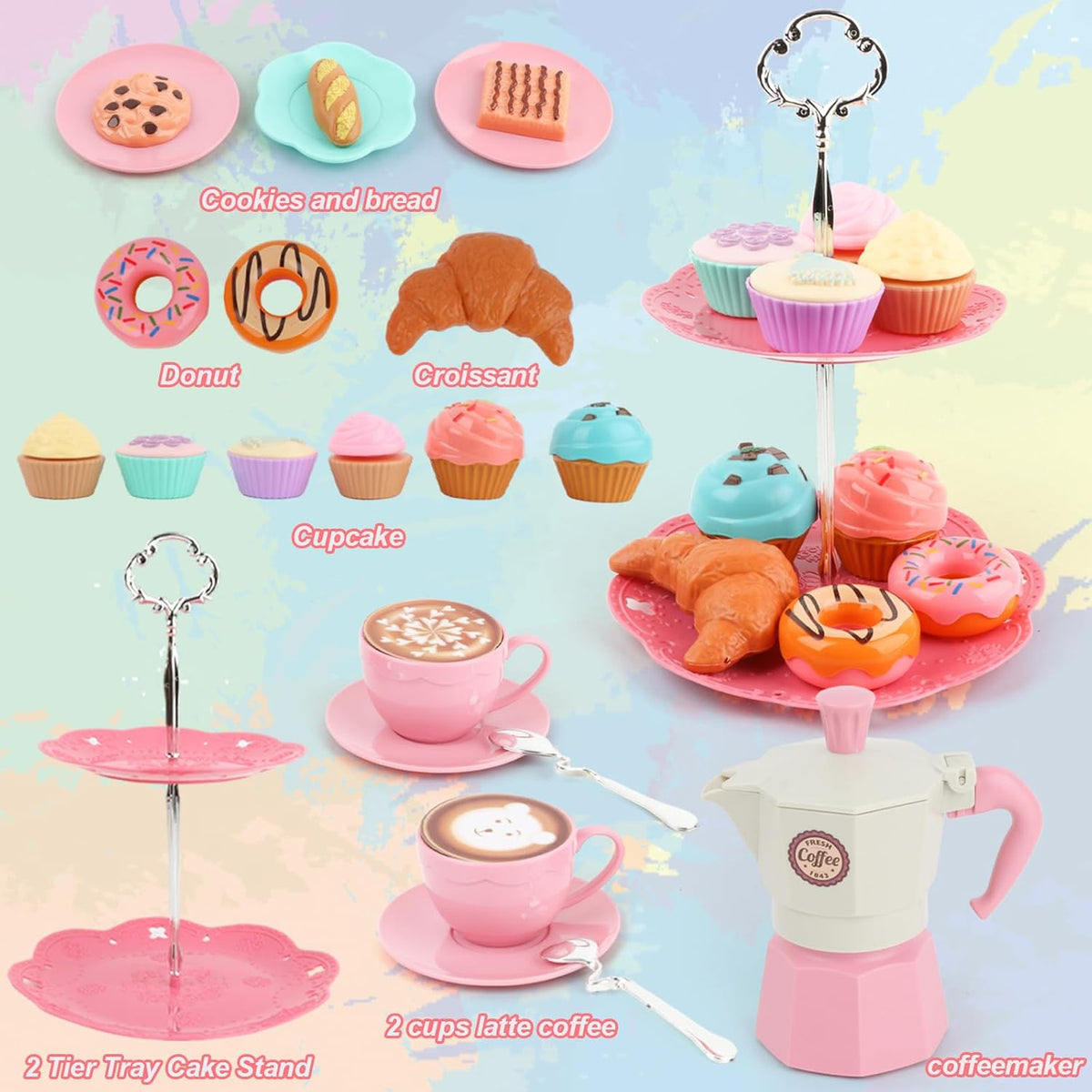 Afternoon Tea Toys Set Pretend Play Food Toys for Toddler Girls, Party Tea Playset Toy Gifts for 3