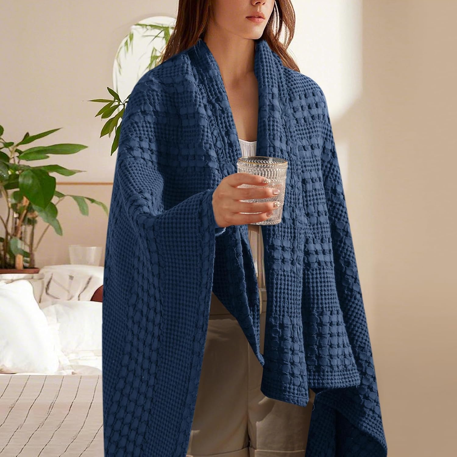 PHF 100% Cotton Waffle Weave Throw Blanket, Soft Lightweight Breathable Cozy Summer Throws for