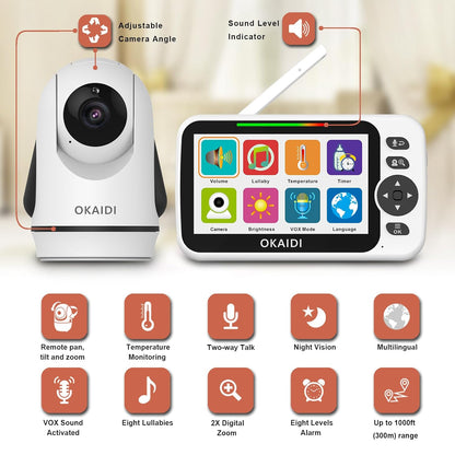 Video Baby Monitor with Camera and Audio, 5" Display Baby Monitor No WiFi, 30H Battery and 1000ft