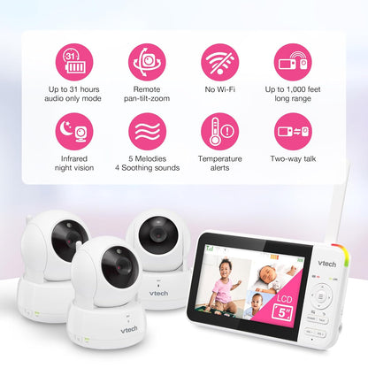VTech Video Baby Monitor with 3 Cameras, 5" LCD Screen, Up to 17Hrs Video & 31Hrs Audio Battery