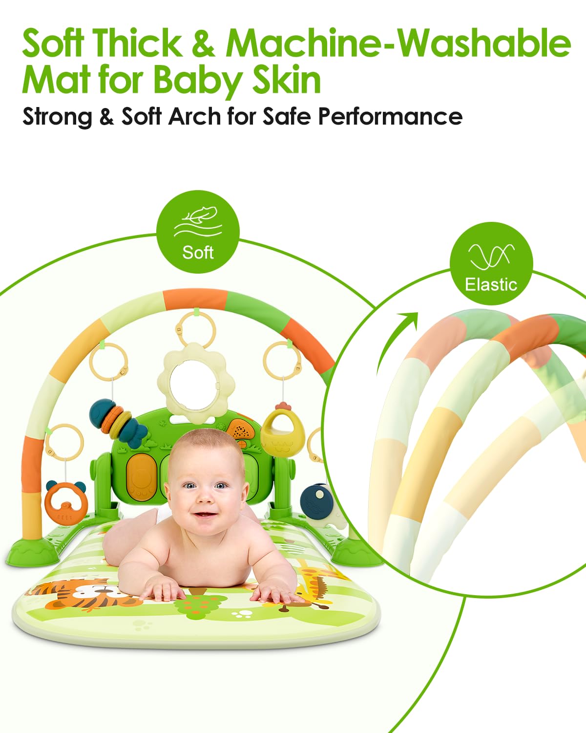 Dearlomum Baby Play Mat & Gym, Funny Piano Tummy Time Activity Mat with 5 Sensory Toys, Music &