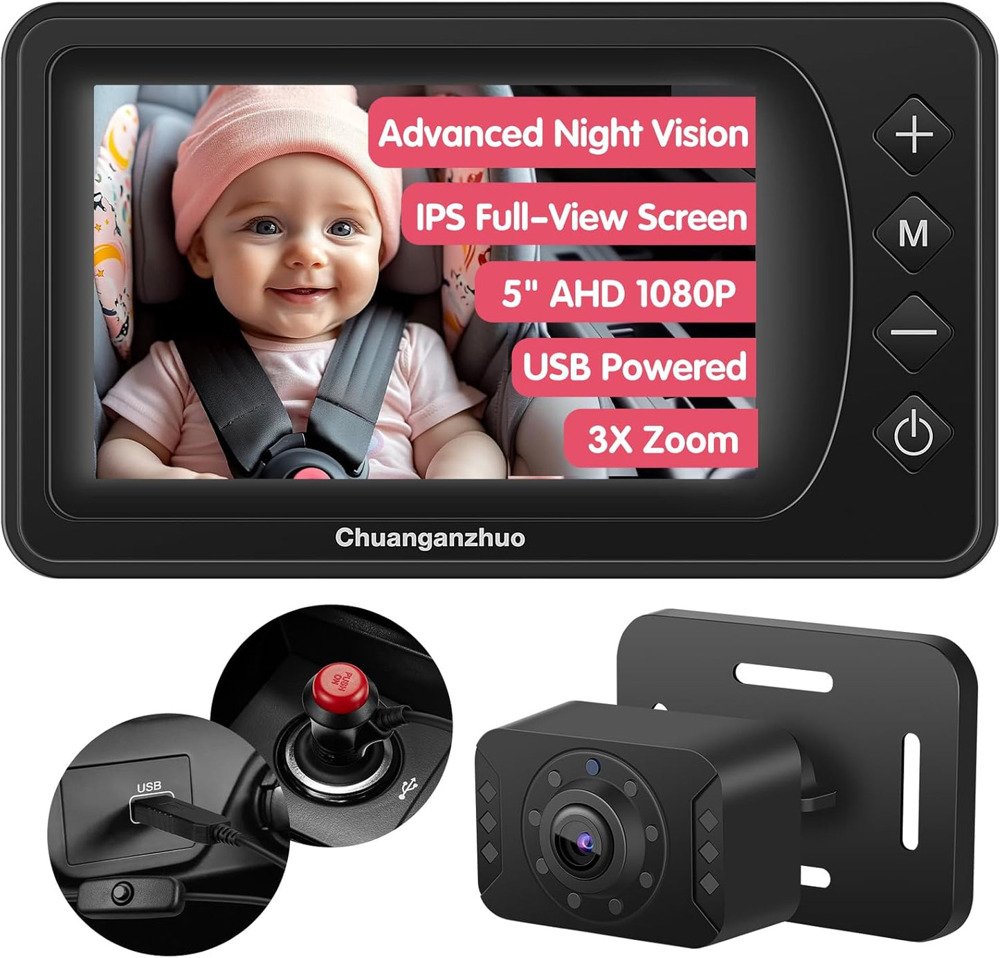 S100U Baby Car Camera with Advanced Night Vision, 3X Zoom, USB Powered, 5'' AHD 1080P IPS