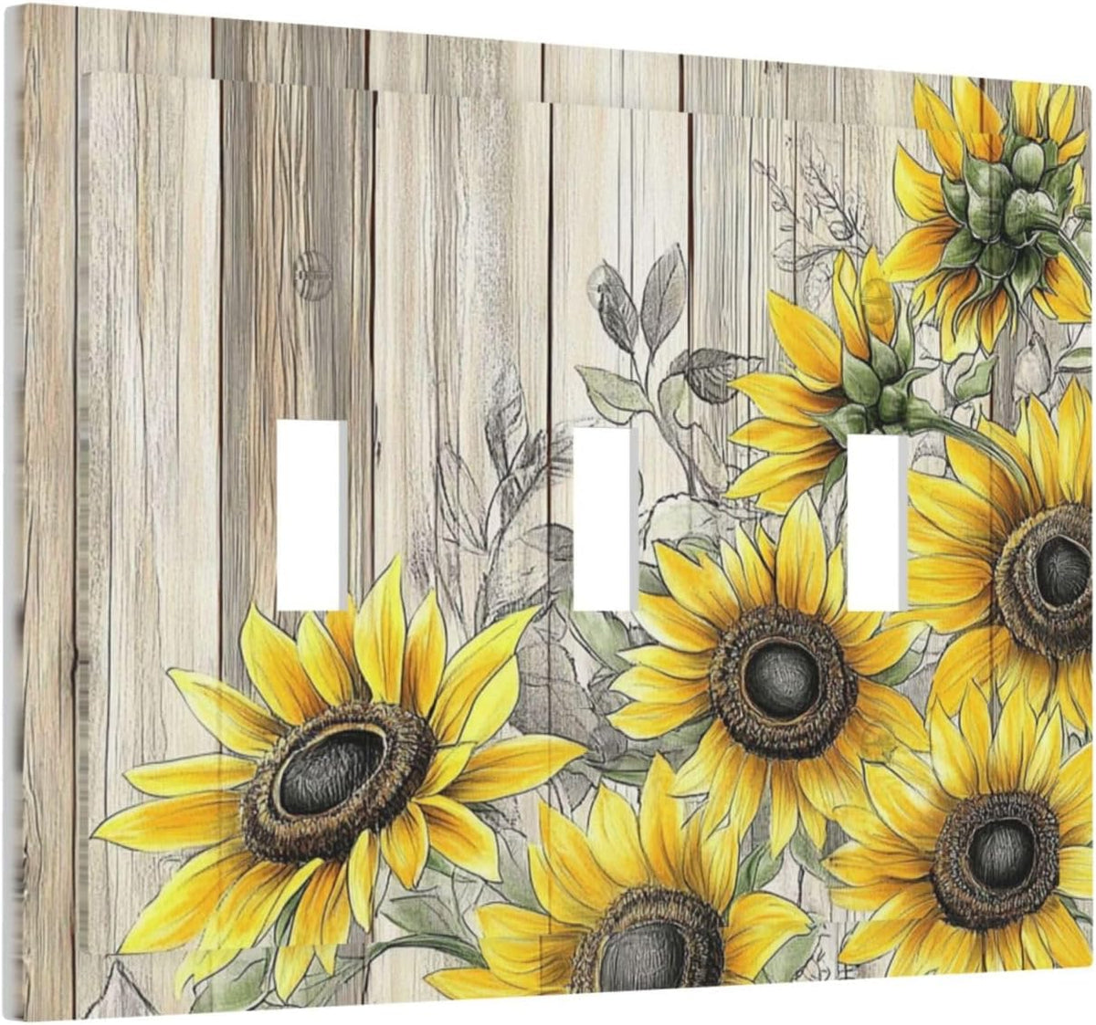 Decorative Switch Plates Floral Sunflower Rustic Flower Vintage Wood 3 Gang Wall Plate Triple