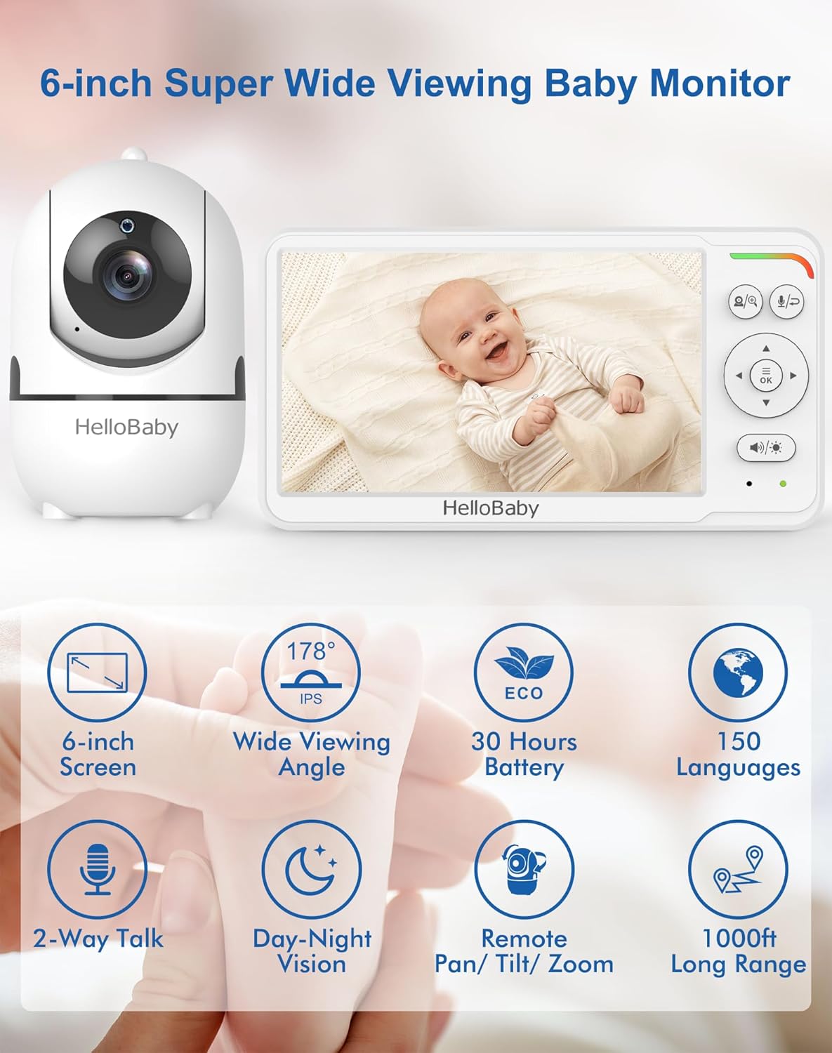 HelloBaby Baby Monitor with 6" World First IPS Screen 30-Hrs Battery, Remote Pan/Tilt/Zoom Camera