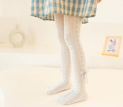 CHUNG Baby Girls Cotton Tights Thin Hollowed Summer with Bowknot Mesh Lace Fashion Toddler Footed