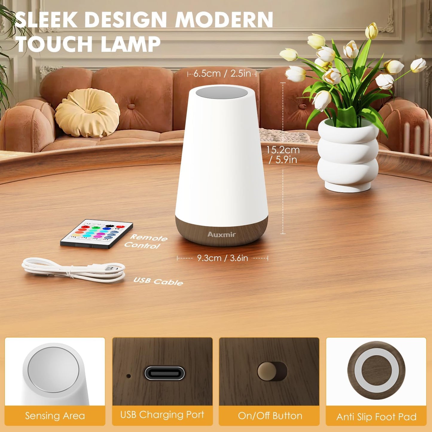 Night Light, Dimmable Touch Lamp for Bedroom, 13 RGB Colors & 5 Brightness, Portable Rechargeable