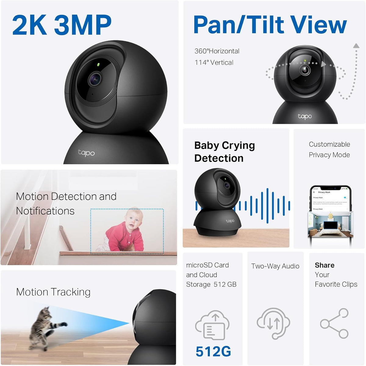 Tapo TP-Link 2K Pan/Tilt Indoor Security Camera for Baby Monitor, Pet Camera, Motion Detection &