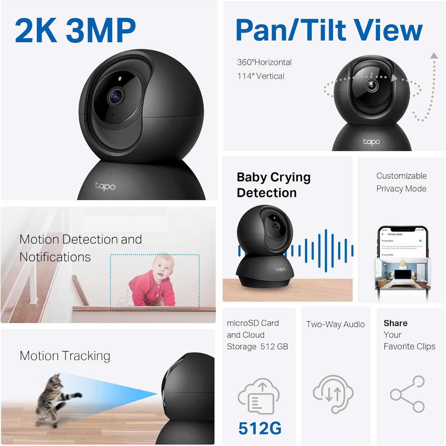 Tapo TP-Link 2K Pan/Tilt Indoor Security Camera for Baby Monitor, Pet Camera, Motion Detection &