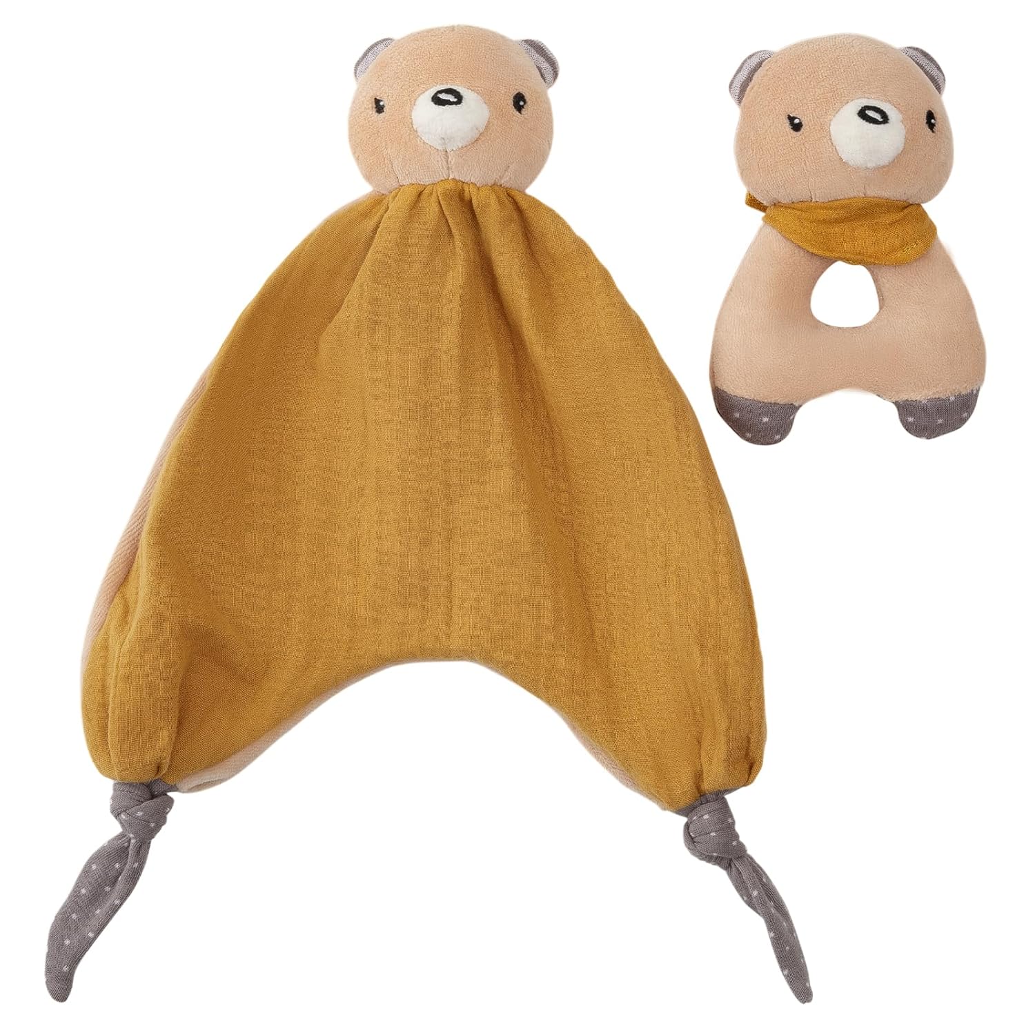 Organic Cotton Stuffed Animal Rattle Baby Toys, Plush Bear Cuddle Cloth and Hand Grip Ring Rattles