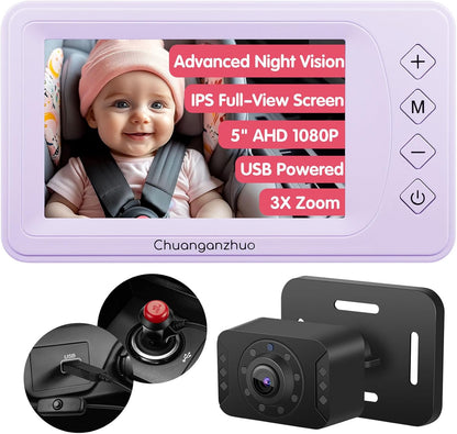 Baby Car Camera with Advanced Crystal-Clear Night Vision, 3X Zoom, USB Powered, 5'' AHD 1080P IPS