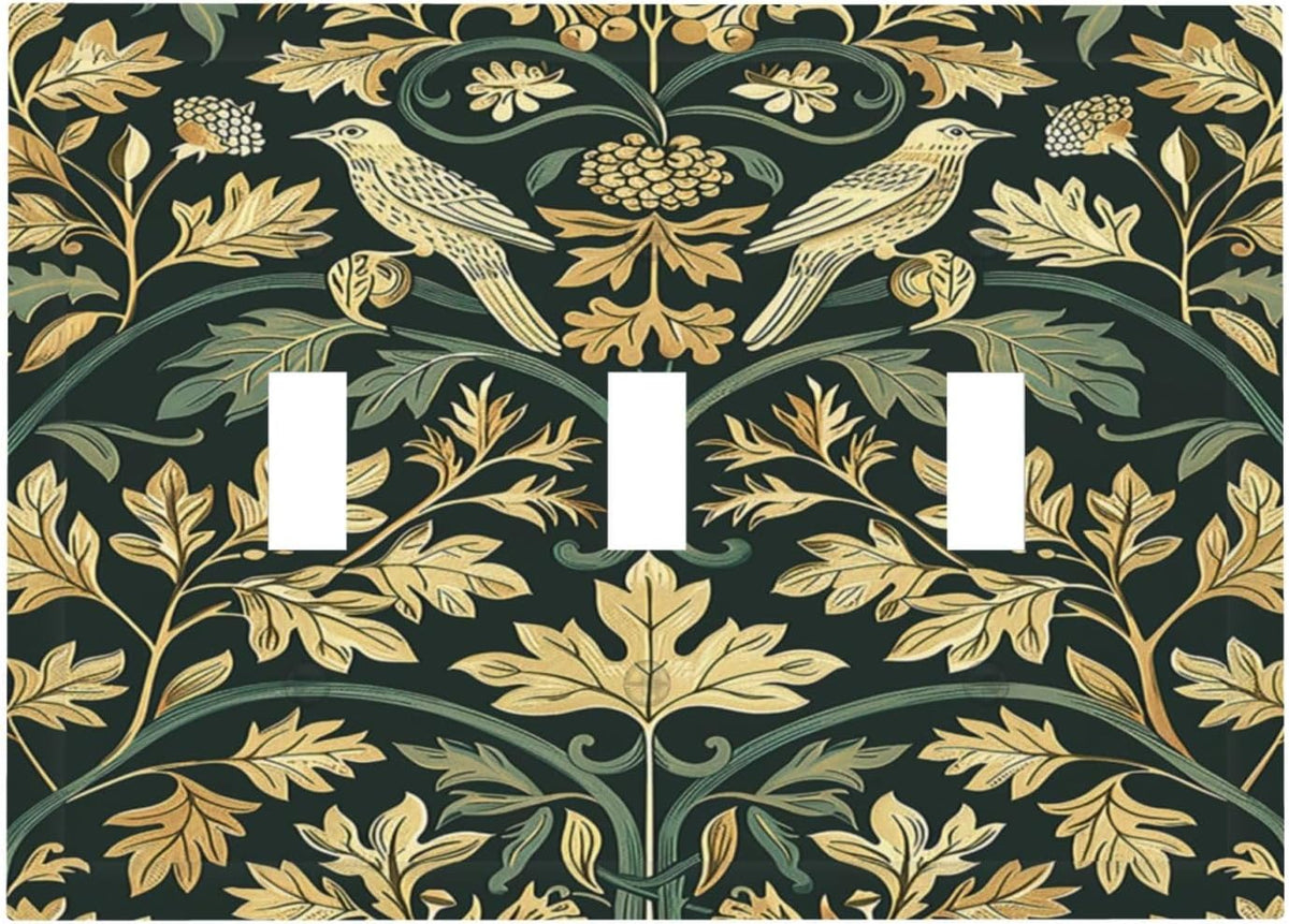 Decorative Switch Plates William Morris Vintage Botanical Birds Golden Green Leaves 3 Gang Wall