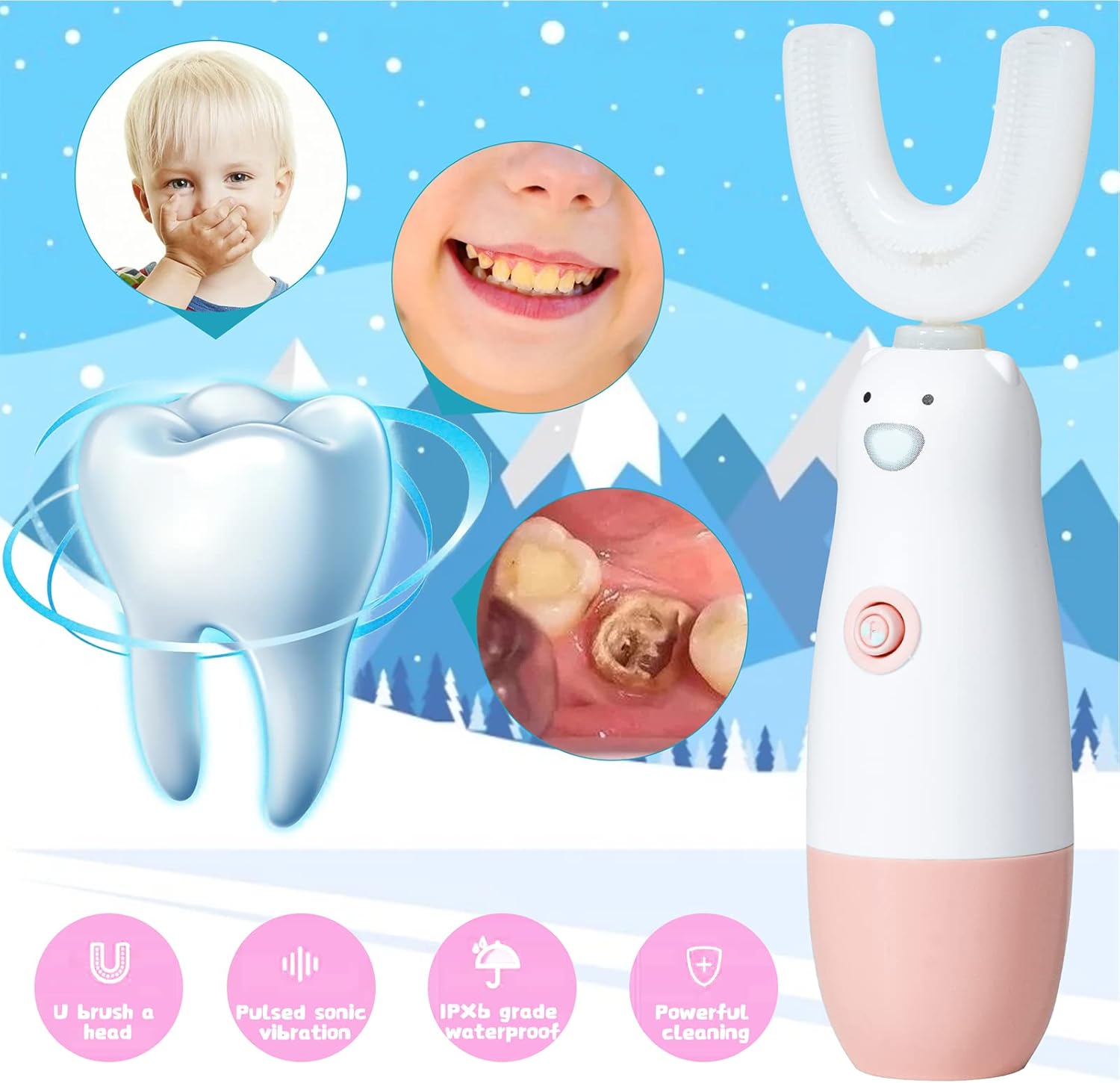 Kids Electric Toothbrush，U Shaped toddler Toothbrush Waterproof Battery Powered 360 Automatic Sonic