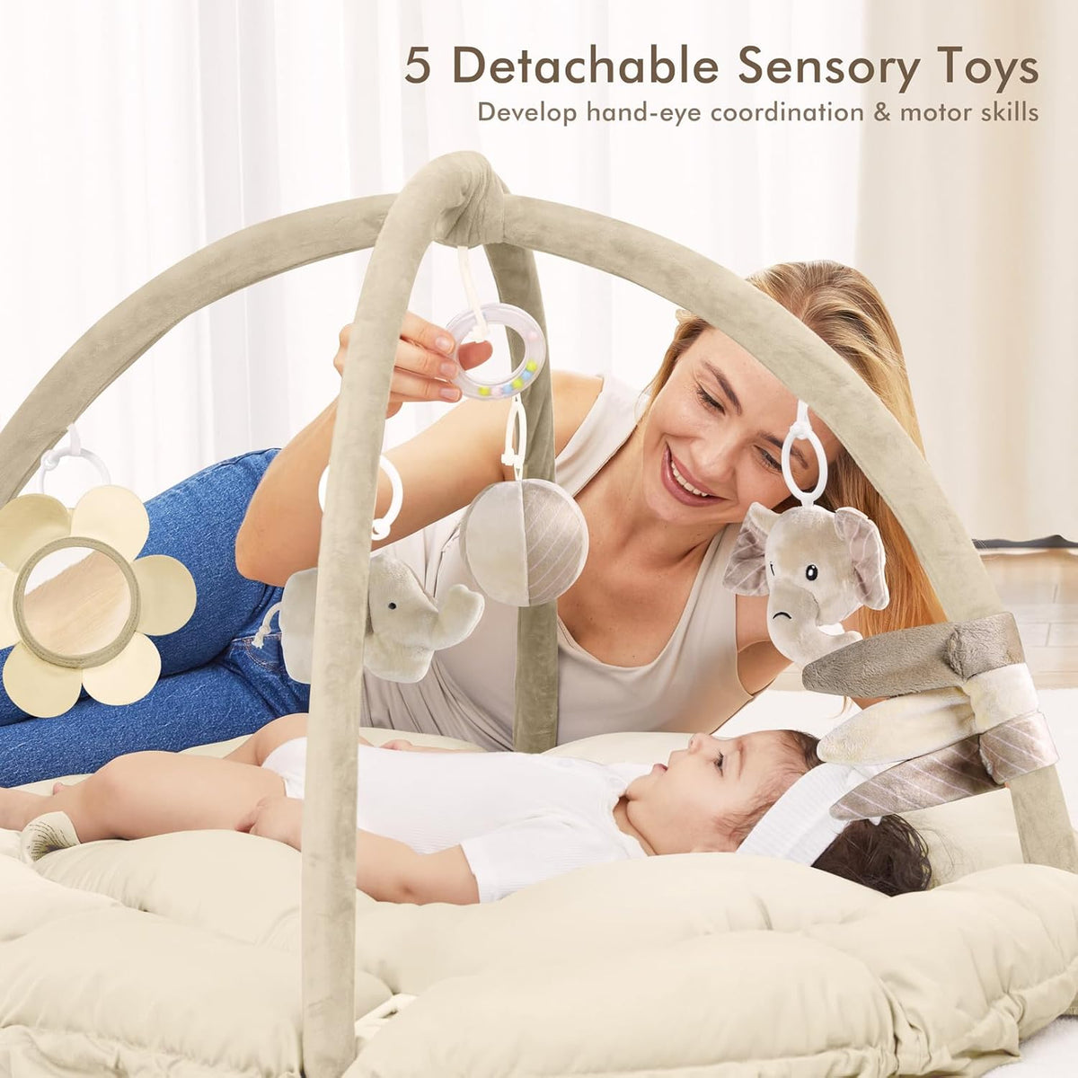 ANGELBLISS 5 in 1 Baby Play Gym Mat, Reversible Tummy Time Mat with 5 Sensory Toys for Stage-Based