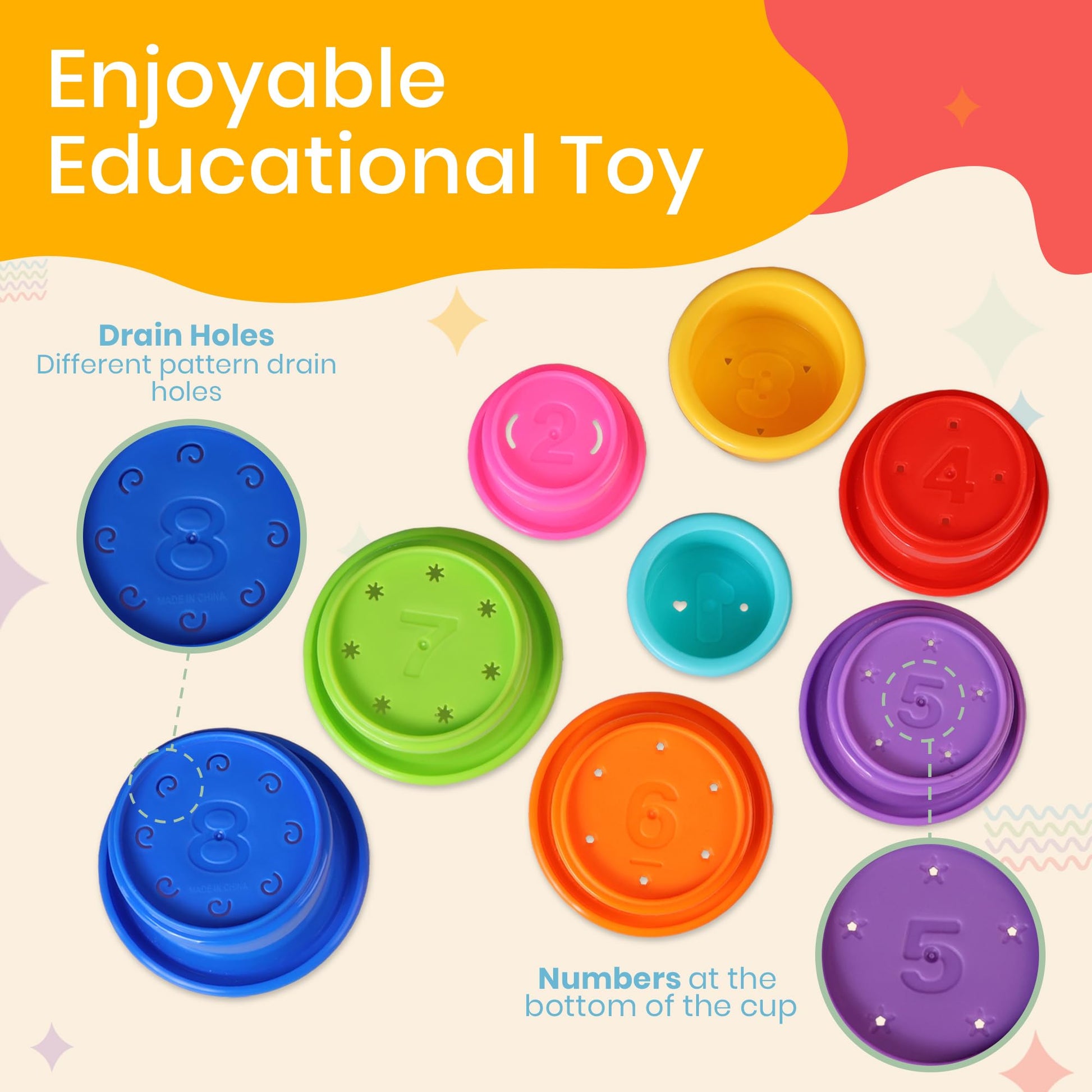 Stacking Cups Baby Toy Educational Cup Stacking Set 8-Pc Rainbow Stackable Cups | Nesting Cups for