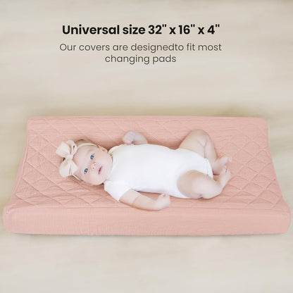 Konssy Waterproof Muslin Changing Pad Cover 2 Pack, Quilted Cotton Fitted Diaper Chang Table Cover