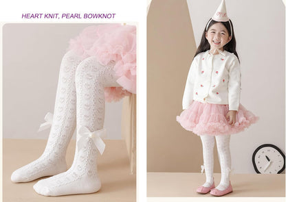 CHUNG Baby Girls Cotton Tights Thin Hollowed Summer with Bowknot Mesh Lace Fashion Toddler Footed