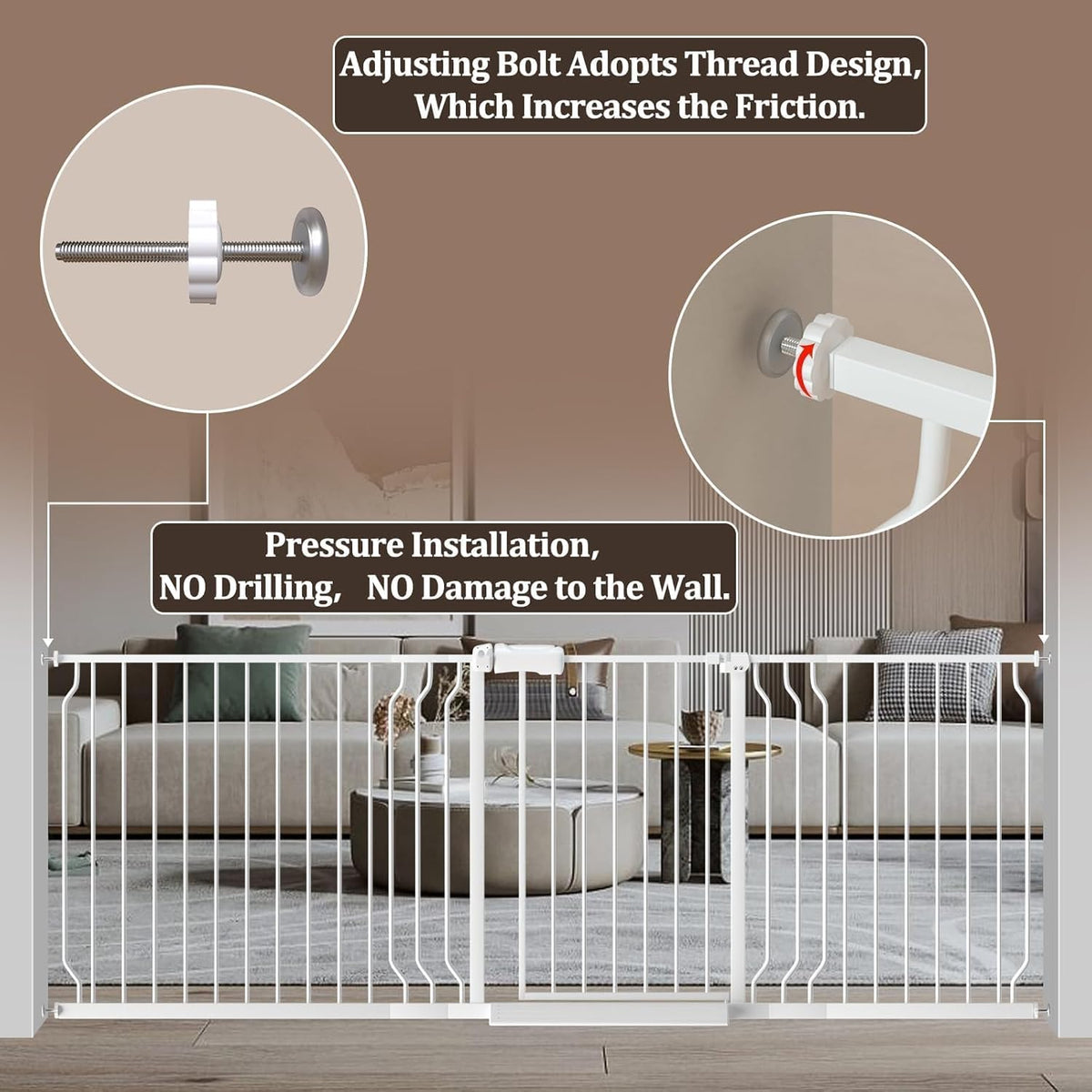 WAOWAO Baby Gate 52.76-62.2" Extra Wide Pressure Mounted Walk Through Swing Auto Close Safety White