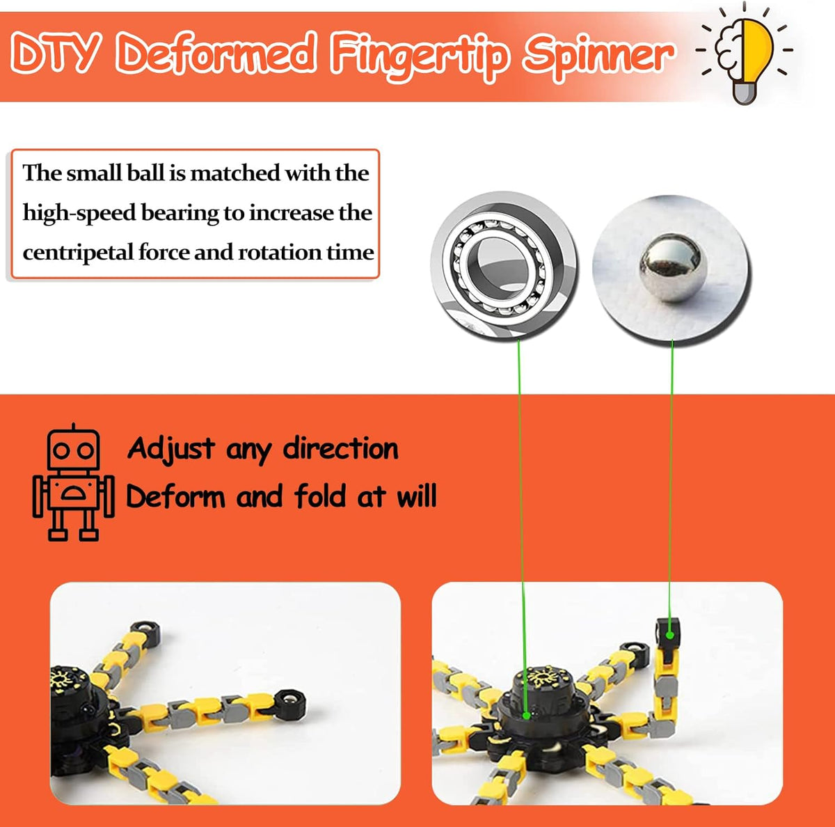 12 Pack Funny Sensory Fidget Toys,Deformable Chain DIY Robot Spinners Fingertip Stress Relief Gyro