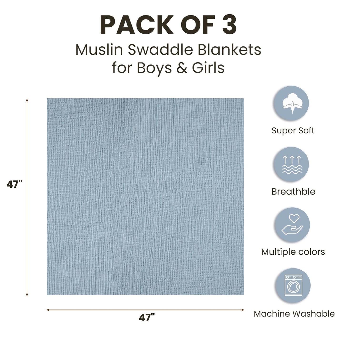 Konssy 3-Pack Muslin Baby Swaddle Blankets, 47 x 47 in Receiving Blankets