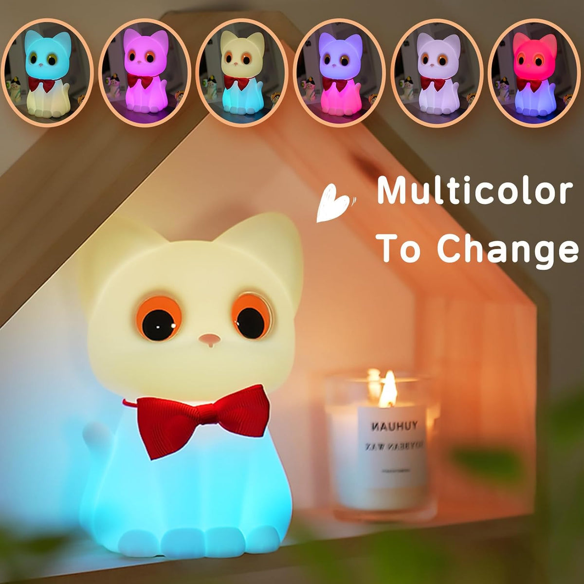 Kitty Cat Night Light for Kids, Cute Cat Lamp Portable Silicone Animal Nightlight Rechargeable