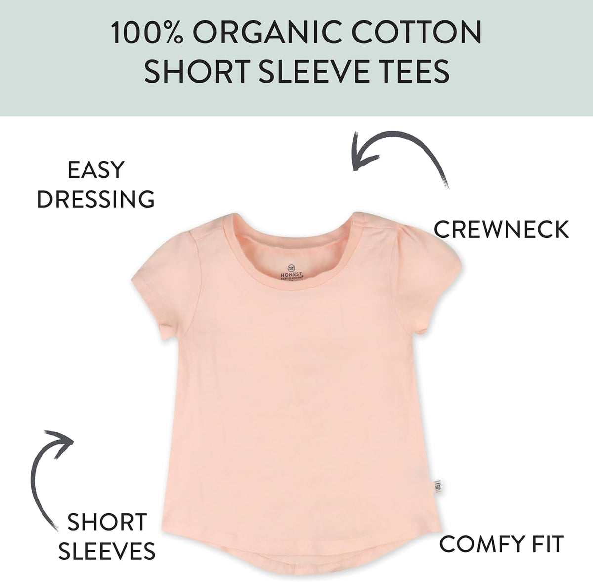 HonestBaby 5-Pack Short Sleeve T-Shirts 100% Organic Cotton Baby, Toddler, Little Kid, Boy, Girl