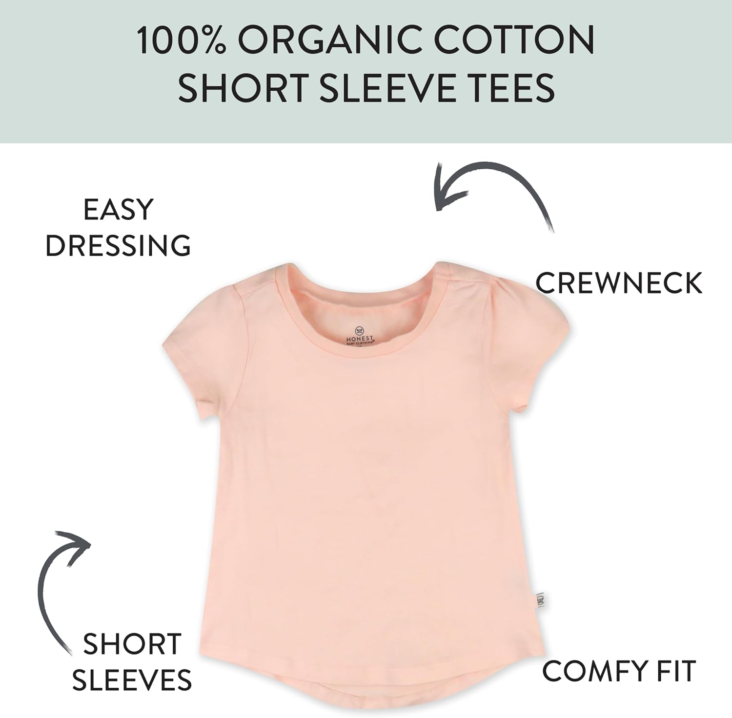 HonestBaby 5-Pack Short Sleeve T-Shirts 100% Organic Cotton Baby, Toddler, Little Kid, Boy, Girl