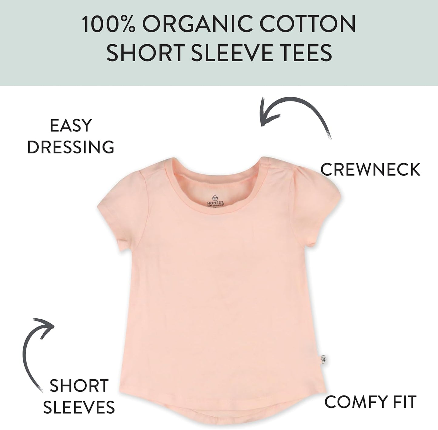 HonestBaby 5-Pack Short Sleeve T-Shirts 100% Organic Cotton Baby, Toddler, Little Kid, Boy, Girl