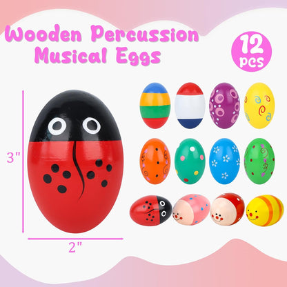 POPLAY 12PCS Wooden Percussion Musical Eggs Maracas Egg Shakers for Party Favors Classroom Prize