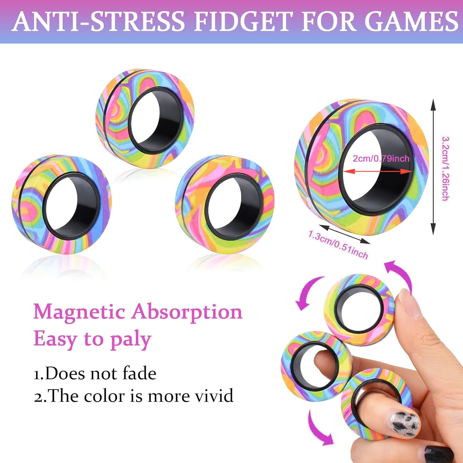 3Pcs Magnetic Rings Fidget Toy Set, ADHD Anxiety Magnetic Fidget Toys Adults Fidget Spinner Rings