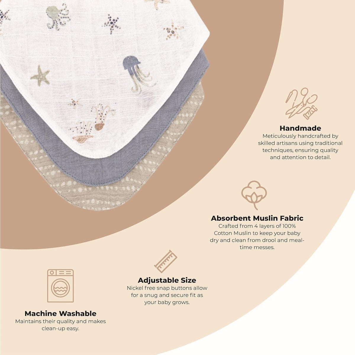 Crane Baby Bib Set, 100% Cotton Baby Bibs, Set of 3 Sea Life Cotton Muslin Bibs, Bandana Bibs Baby