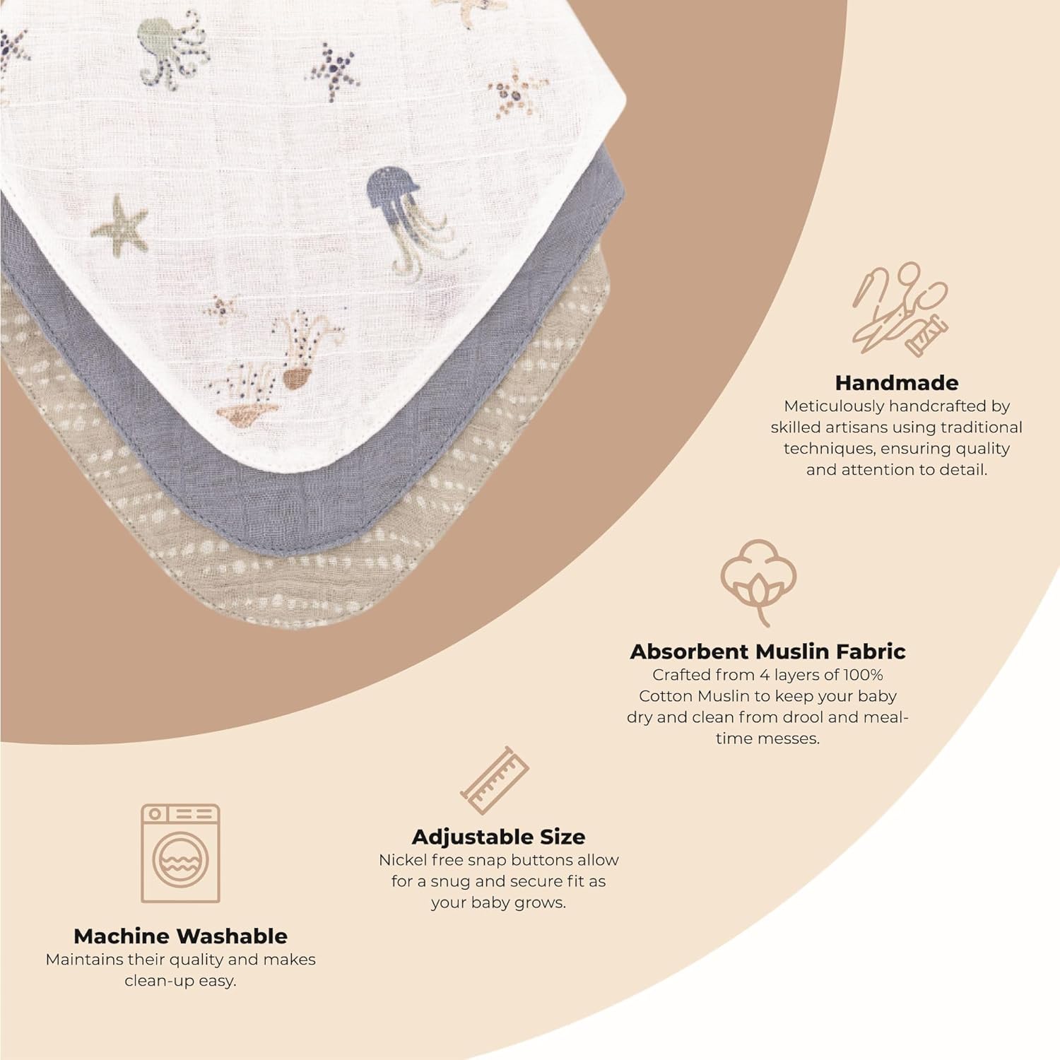 Crane Baby Bib Set, 100% Cotton Baby Bibs, Set of 3 Sea Life Cotton Muslin Bibs, Bandana Bibs Baby